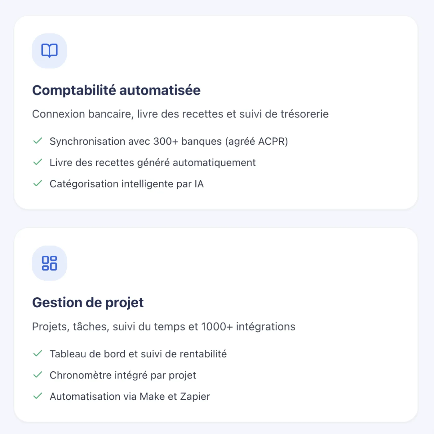 Modules Abby : comptabilité automatisée avec synchronisation de plus de 300 banques agréées ACPR, livre des recettes généré automatiquement, et gestion de projet avec chronomètre et intégrations Make et Zapier.