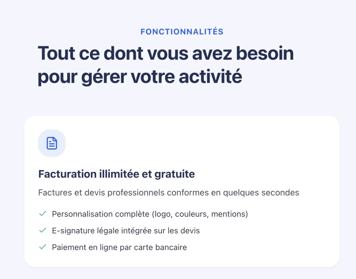 Bloc fonctionnalités d’Abby : facturation illimitée et gratuite, personnalisation complète du logo et des couleurs, e-signature légale sur les devis, paiement en ligne par carte bancaire.
