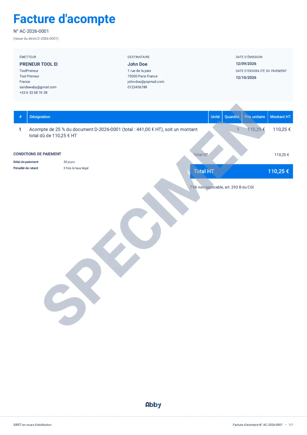 Facture d’acompte AC-2026-0001 générée par Abby : acompte de 25 % du devis D-2026-0001, soit 110,25 € HT, avec la mention TVA non applicable article 293 B du CGI et les conditions de paiement pré-remplies.