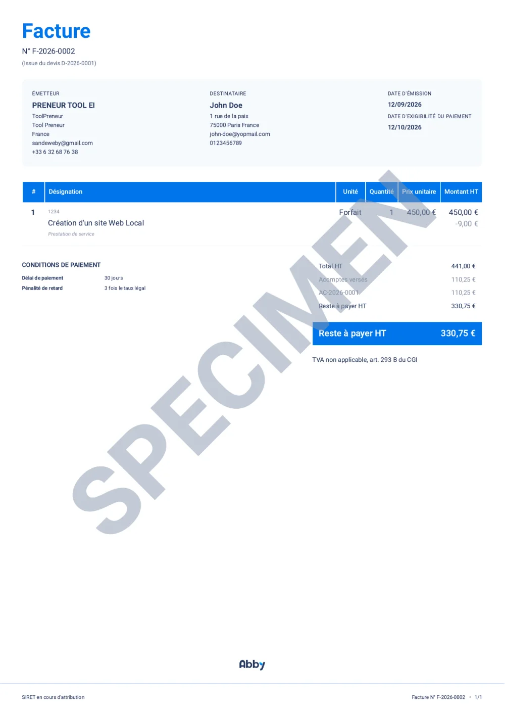Facture de solde F-2026-0002 générée par Abby : total 441 € HT, acompte AC-2026-0001 de 110,25 € déduit automatiquement, reste à payer 330,75 € HT.