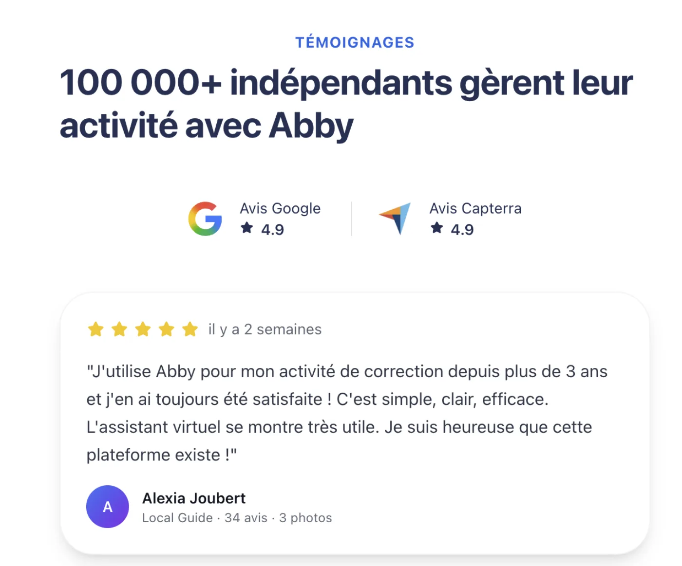 Bloc témoignages d’Abby : 100 000+ indépendants, note 4,9 sur Google et 4,9 sur Capterra, avec un avis cinq étoiles d’une utilisatrice qui déclare utiliser Abby depuis plus de trois ans.