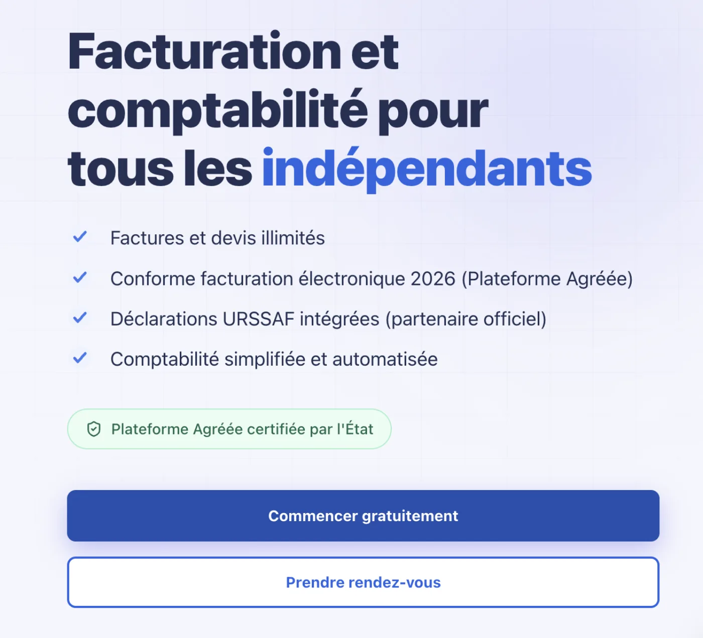 Page d’accueil d’Abby : « Facturation et comptabilité pour tous les indépendants », avec factures et devis illimités, conformité facturation électronique 2026, déclarations URSSAF intégrées et le badge Plateforme Agréée certifiée par l’État.