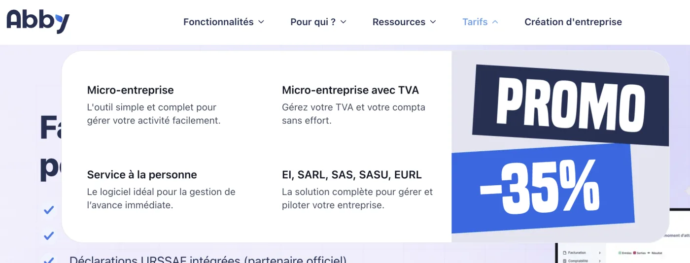 Menu du site Abby ouvert sur l’onglet Tarifs, avec un encart promotionnel -35 % affiché à droite.