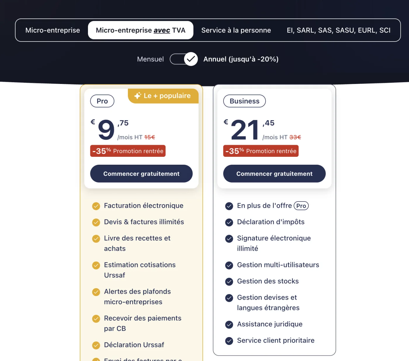 Grille tarifaire Abby pour le profil micro-entreprise avec TVA : seuls deux plans sont proposés, Pro à 9,75 €/mois HT et Business à 21,45 €/mois HT. Aucun plan gratuit ni plan Start.