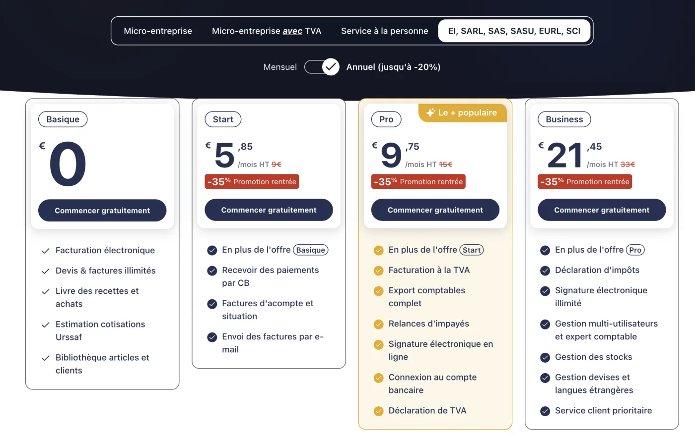 Grille tarifaire Abby pour les sociétés EI, SARL, SAS, SASU, EURL, SCI : plan Start incluant les factures d’acompte et de situation, plan Pro incluant la facturation à la TVA et l’export comptable complet.
