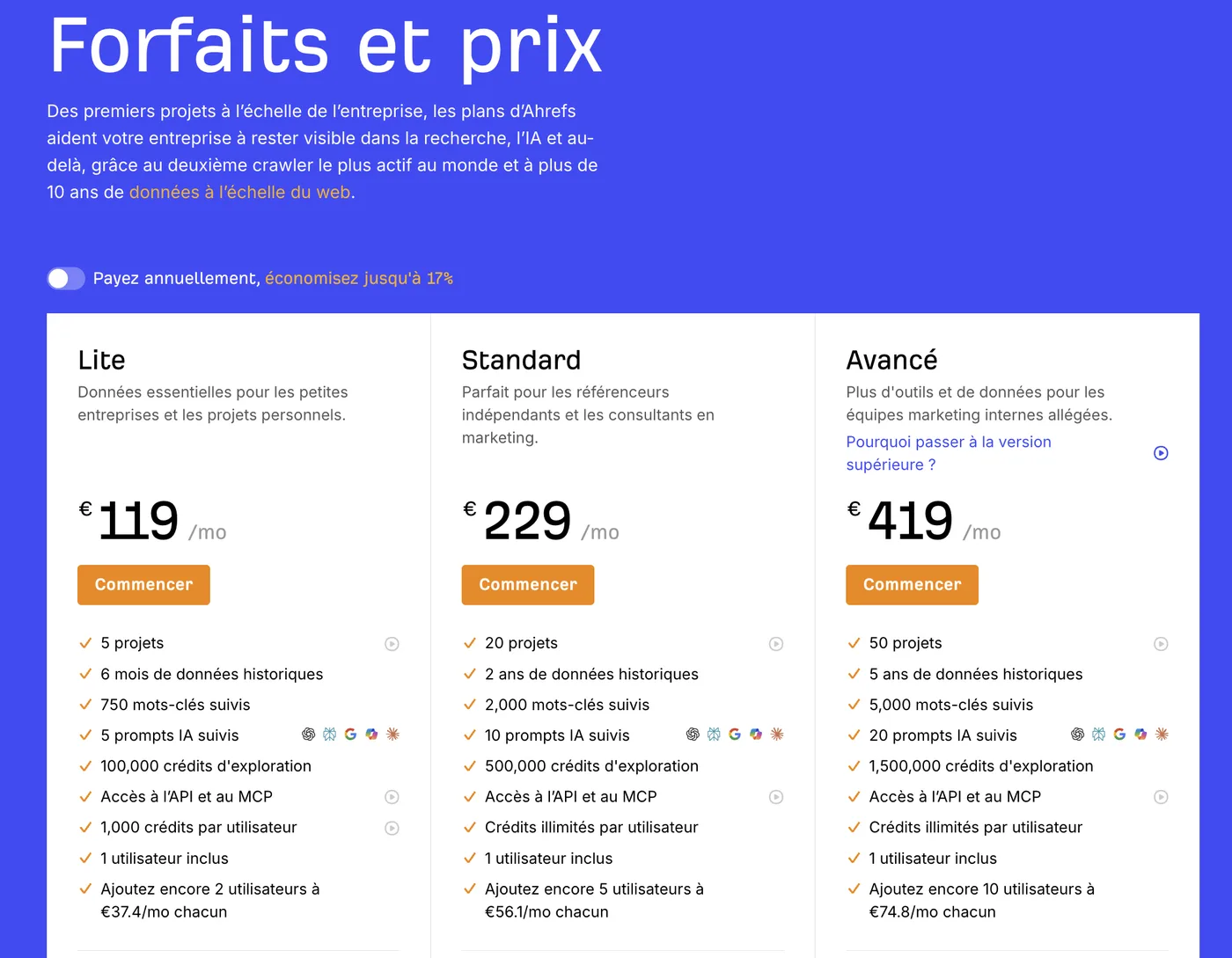 Grille Ahrefs relevée le 7 septembre 2026 : Lite 119 €/mois, Standard 229 €/mois, Avancé 419 €/mois, avec projets, historique, mots-clés suivis, prompts IA et crédits d’exploration.