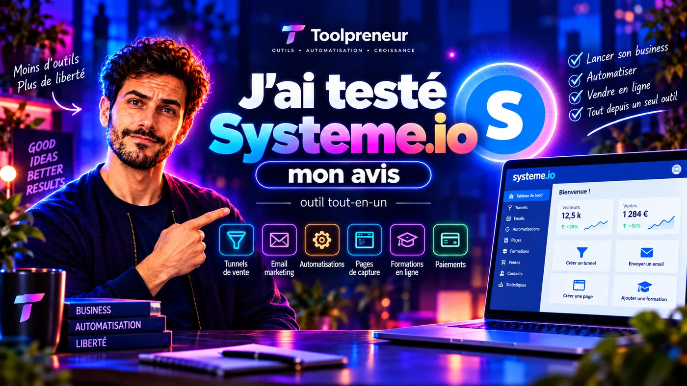 Visuel de couverture de l’avis Toolpreneur sur systeme.io : « J’ai testé Systeme.io, mon avis », l’outil tout-en-un, avec le tableau de bord de la plateforme et ses six briques — tunnels de vente, email marketing, automatisations, pages de capture, formations en ligne et paiements.