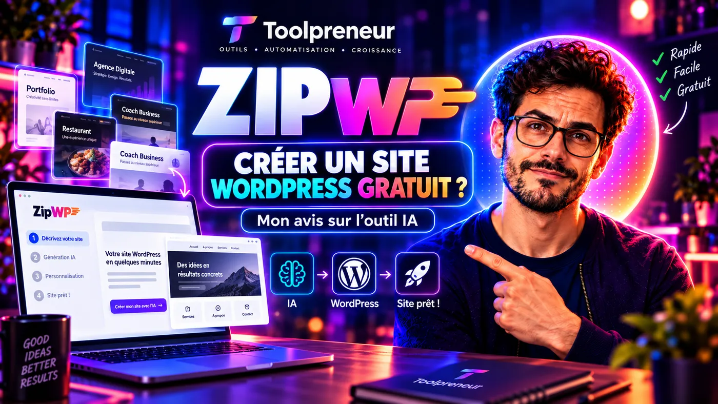 Visuel de couverture de l’avis Toolpreneur sur ZipWP : « Créer un site WordPress gratuit ? Mon avis sur l’outil IA », avec l’écran de génération en quatre étapes — décrivez votre site, génération IA, personnalisation, site prêt — et des exemples de sites produits.