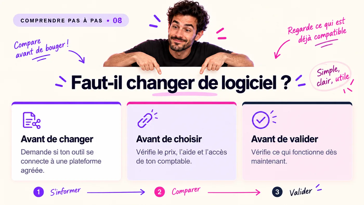 Trois réflexes avant de changer de logiciel de facturation : avant de changer, demander si son outil se connecte à une plateforme agréée ; avant de choisir, vérifier le prix, l’aide et l’accès de son comptable ; avant de valider, vérifier ce qui fonctionne dès maintenant.