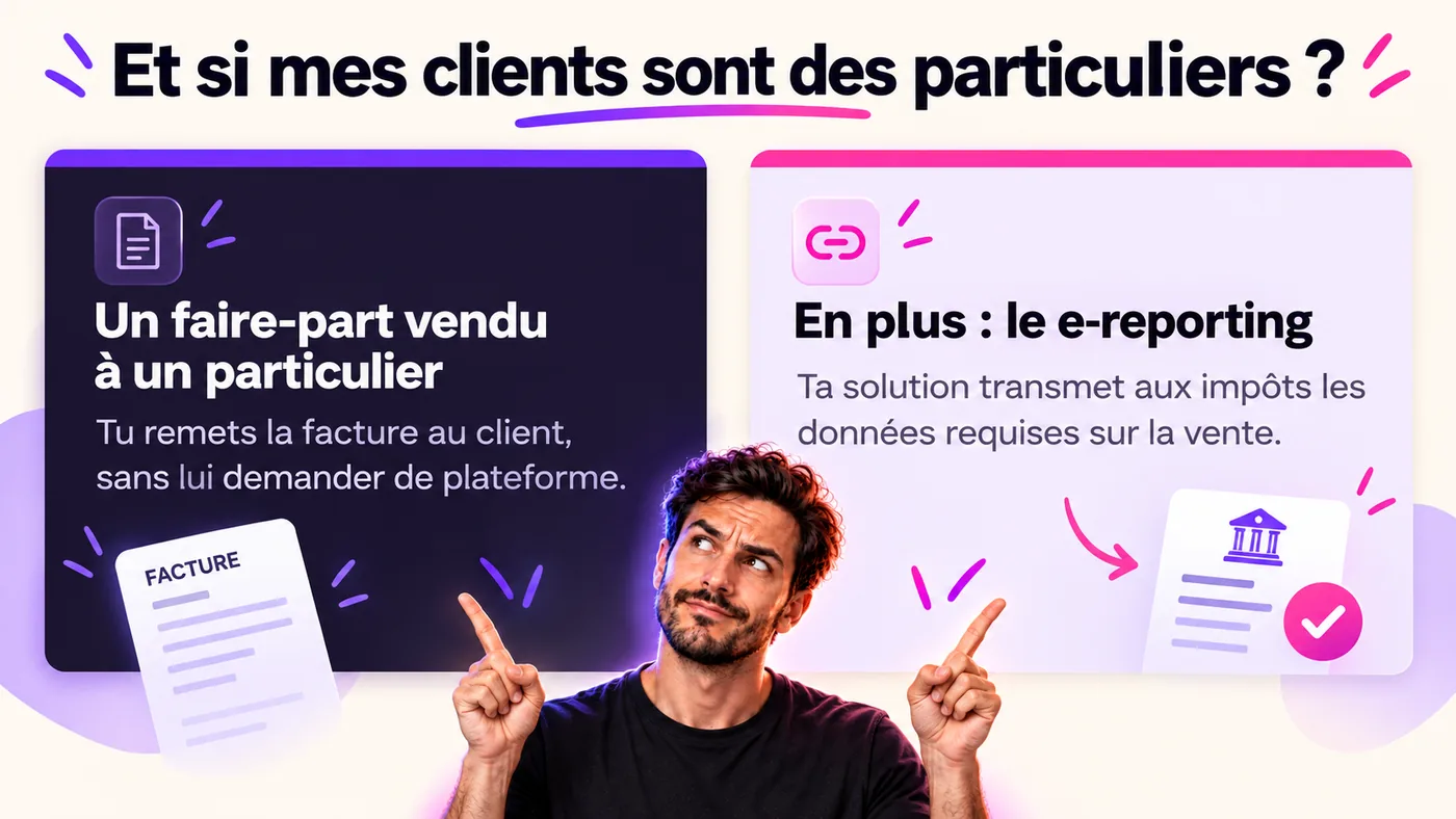 Cas des clients particuliers : pour une vente à un particulier, tu remets la facture au client sans lui demander de plateforme ; en plus, l’e-reporting consiste à transmettre aux impôts les données requises sur la vente.