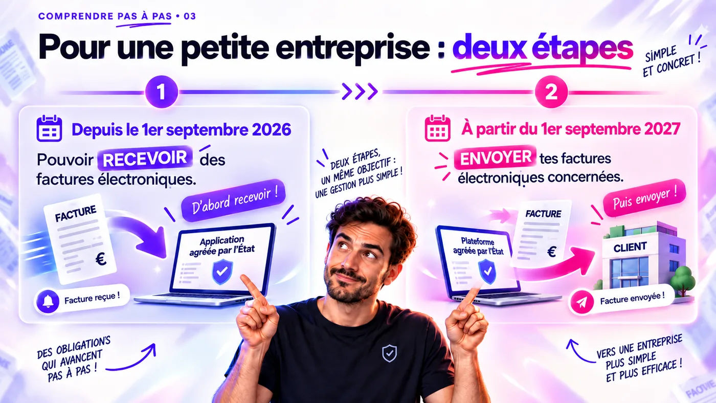Les deux étapes pour une petite entreprise : depuis le 1er septembre 2026, pouvoir recevoir des factures électroniques via une application agréée par l’État ; à partir du 1er septembre 2027, envoyer ses factures électroniques via une plateforme agréée.