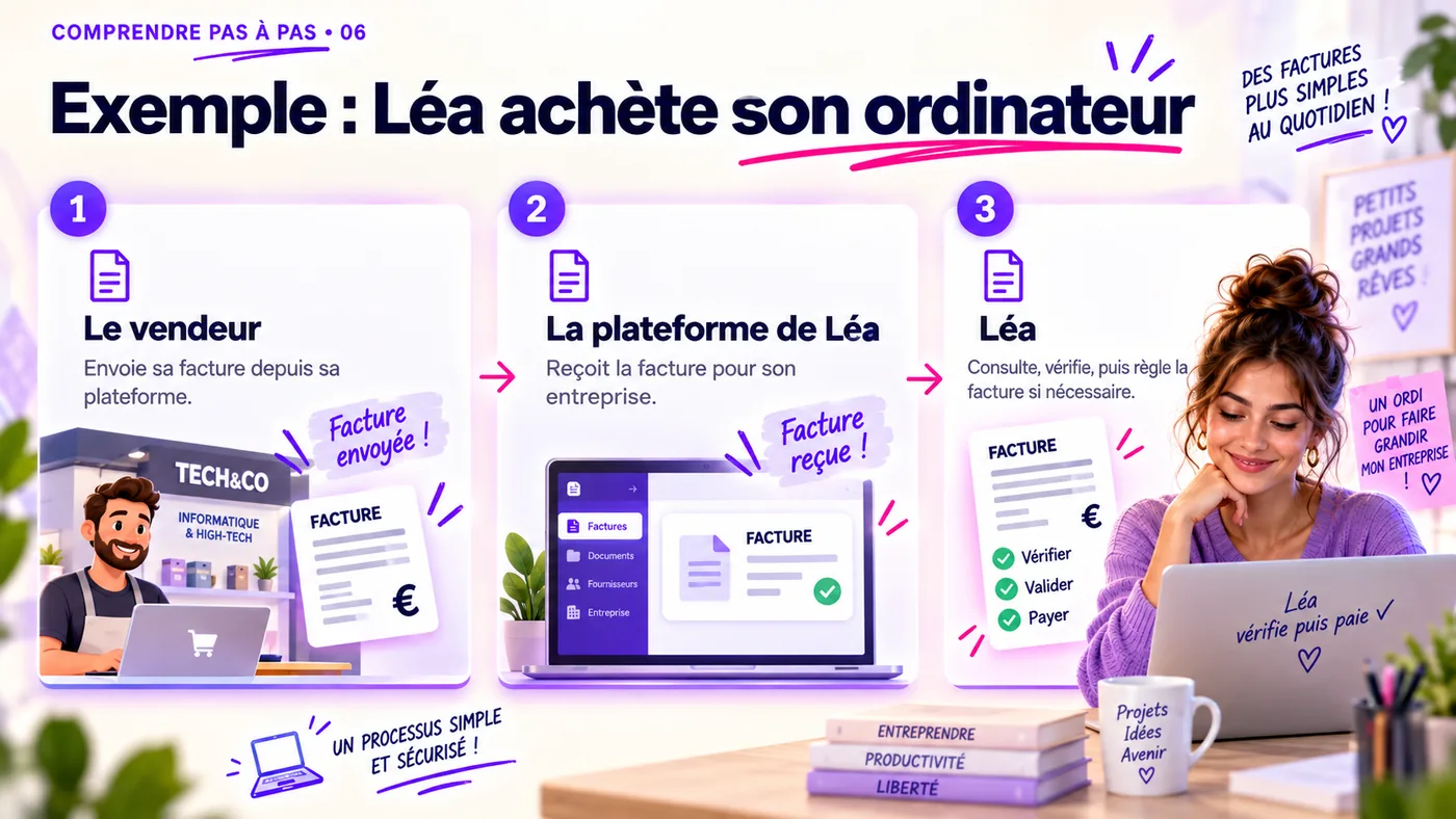 Exemple en trois temps : Léa achète son ordinateur. Le vendeur envoie sa facture depuis sa plateforme, la plateforme de Léa reçoit la facture pour son entreprise, puis Léa consulte, vérifie et règle la facture si nécessaire.