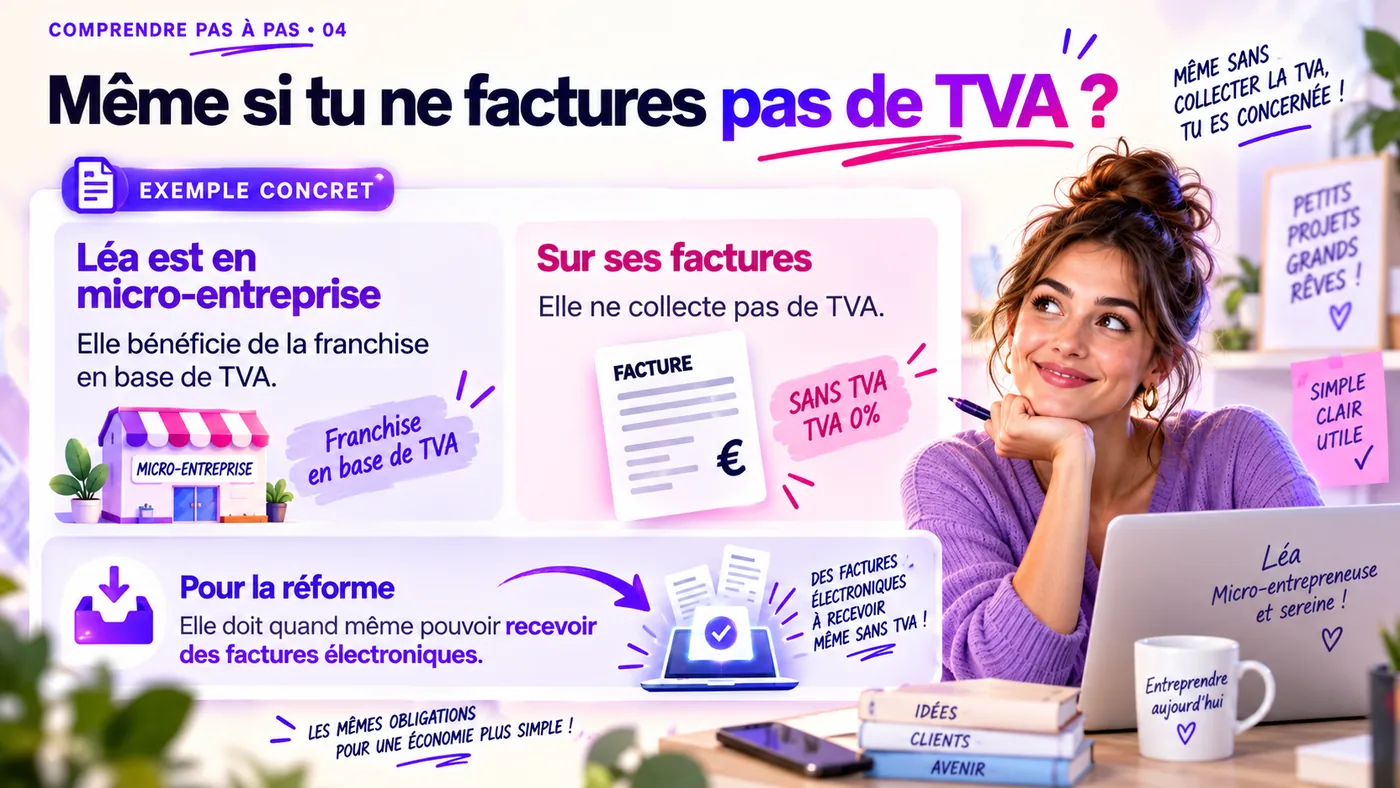 Exemple concret : Léa est en micro-entreprise et bénéficie de la franchise en base de TVA, elle ne collecte donc pas de TVA sur ses factures. Pour la réforme, elle doit quand même pouvoir recevoir des factures électroniques.