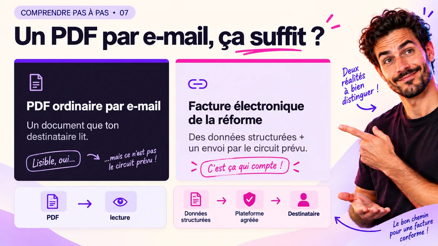 Comparaison entre un PDF ordinaire envoyé par e-mail, qui est un document que le destinataire lit, et une facture électronique de la réforme, faite de données structurées transmises par le circuit prévu via une plateforme agréée.