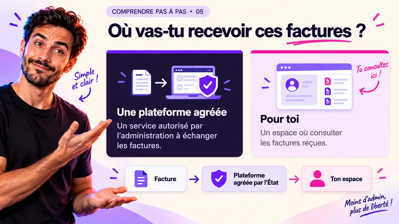 Explication de la plateforme agréée : un service autorisé par l’administration à échanger les factures, et pour l’utilisateur un espace où consulter les factures reçues. Le parcours se lit facture, puis plateforme agréée par l’État, puis ton espace.