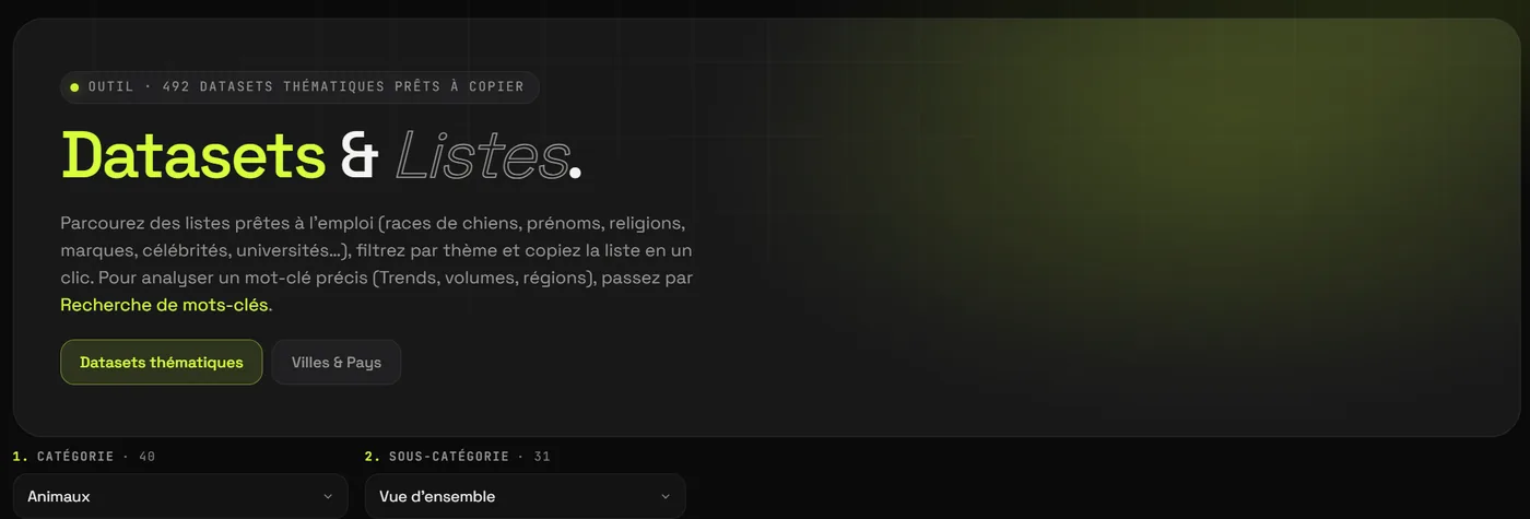 Page Datasets & Listes de Freudix : 492 datasets thématiques prêts à copier, avec onglets Datasets thématiques et Villes & Pays, et deux sélecteurs catégorie (40) et sous-catégorie (31).