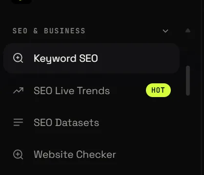 Menu latéral de Freudix Studio, section SEO & Business : Keyword SEO, SEO Live Trends marqué « HOT », SEO Datasets et Website Checker.
