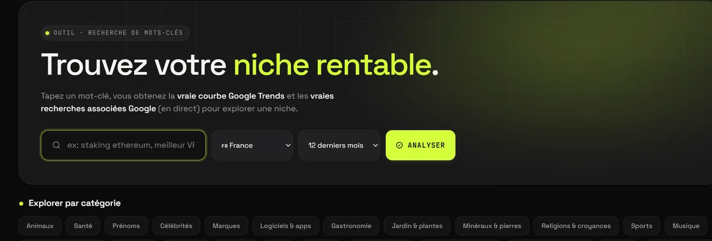 Page de recherche de mots-clés Freudix : « Trouvez votre niche rentable », champ de saisie, sélecteur France, période 12 derniers mois, bouton Analyser, et chips de catégories Animaux, Santé, Prénoms, Célébrités, Marques, Logiciels & apps, Gastronomie.