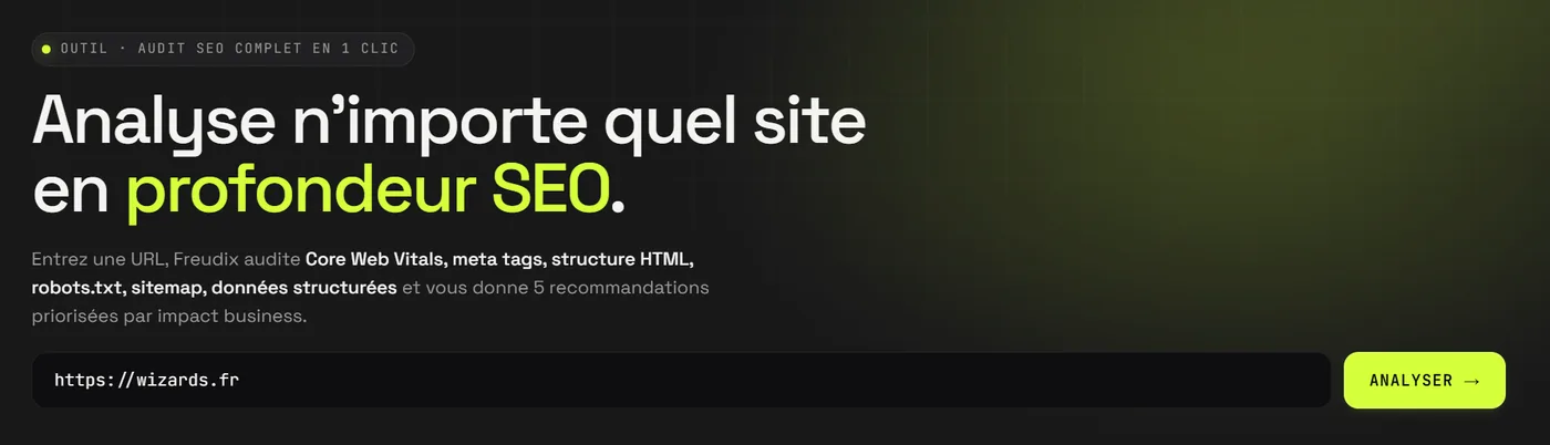 Page Website Checker de Freudix : « Analyse n’importe quel site en profondeur SEO », champ d’URL pré-rempli et bouton Analyser, avec la promesse de 5 recommandations priorisées par impact business.