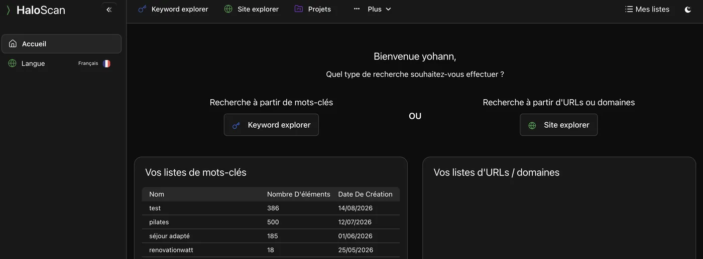 Interface Haloscan connectée : menu Keyword explorer, Site explorer et Projets, avec des listes de mots-clés sauvegardées et leurs dates de création.