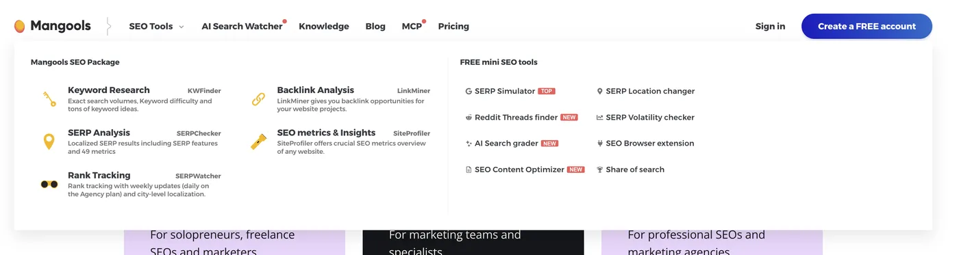 Menu des outils Mangools : KWFinder pour la recherche de mots-clés, SERPChecker, SERPWatcher, LinkMiner et SiteProfiler, et une colonne d’outils SEO gratuits.