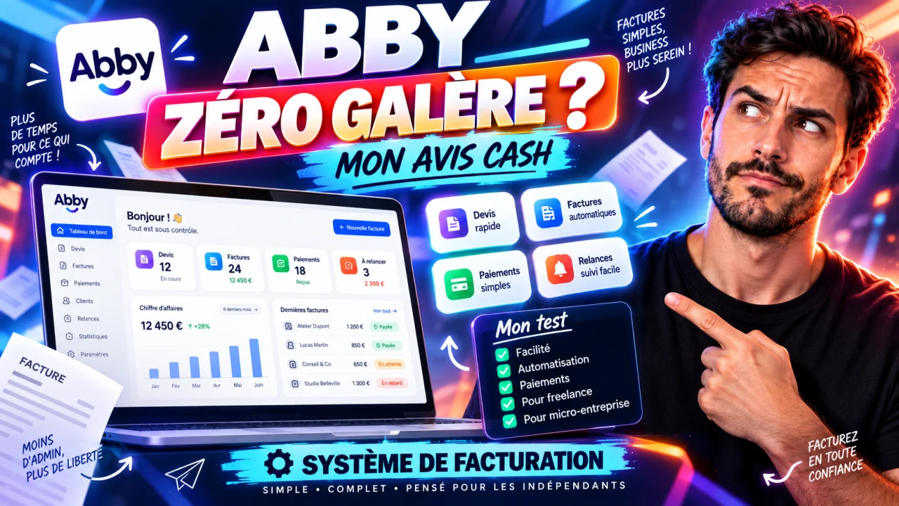 Miniature de l’avis Abby : « Abby, zéro galère ? Mon avis cash », avec le tableau de bord Abby affiché sur un ordinateur portable — devis, factures, paiements, relances — et la liste du test : facilité, automatisation, paiements, pour freelance, pour micro-entreprise.