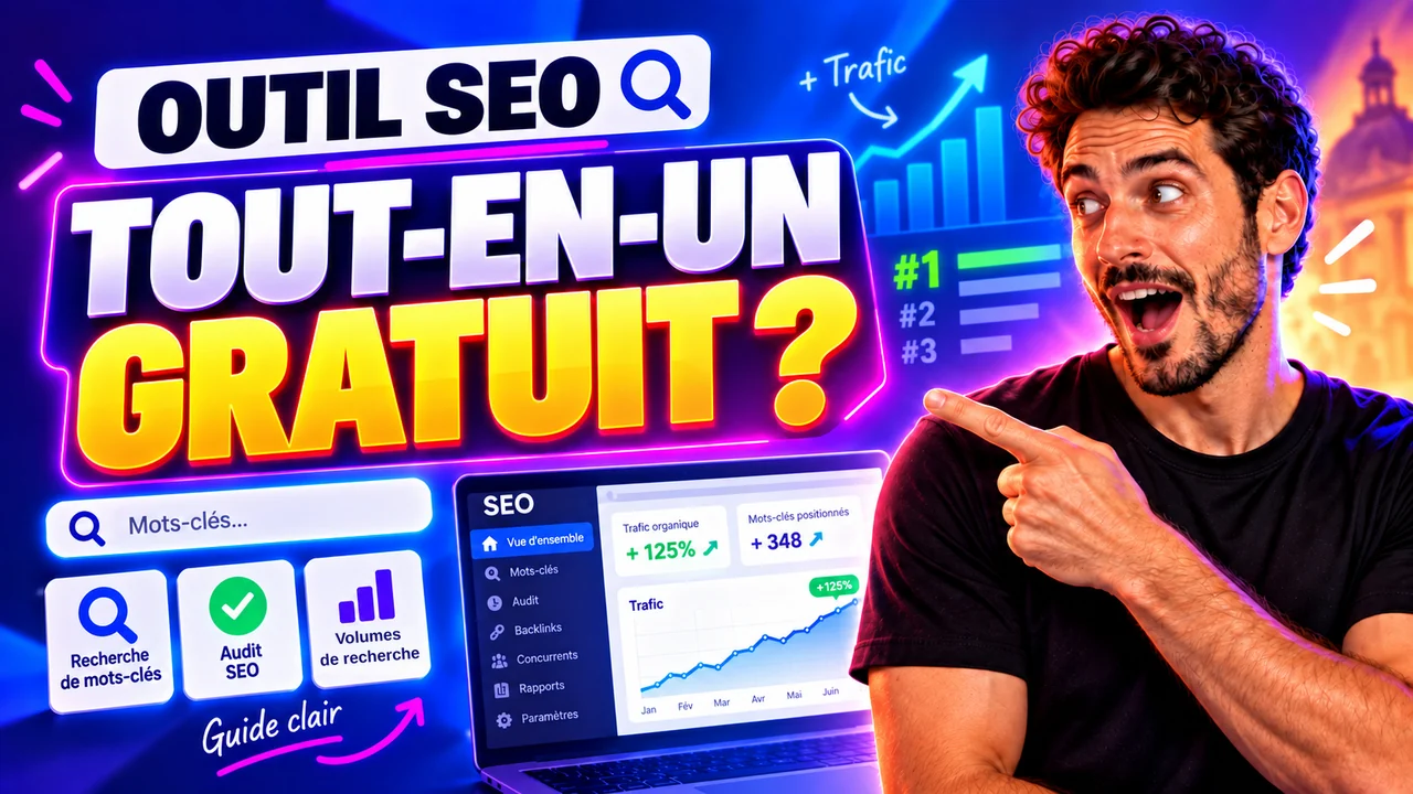 Miniature de l’avis Freudix Studio : « Outil SEO tout-en-un gratuit ? », avec un tableau de bord SEO affiché sur un ordinateur portable — trafic organique +125 %, 348 mots-clés positionnés — et les trois pastilles recherche de mots-clés, audit SEO et volumes de recherche.