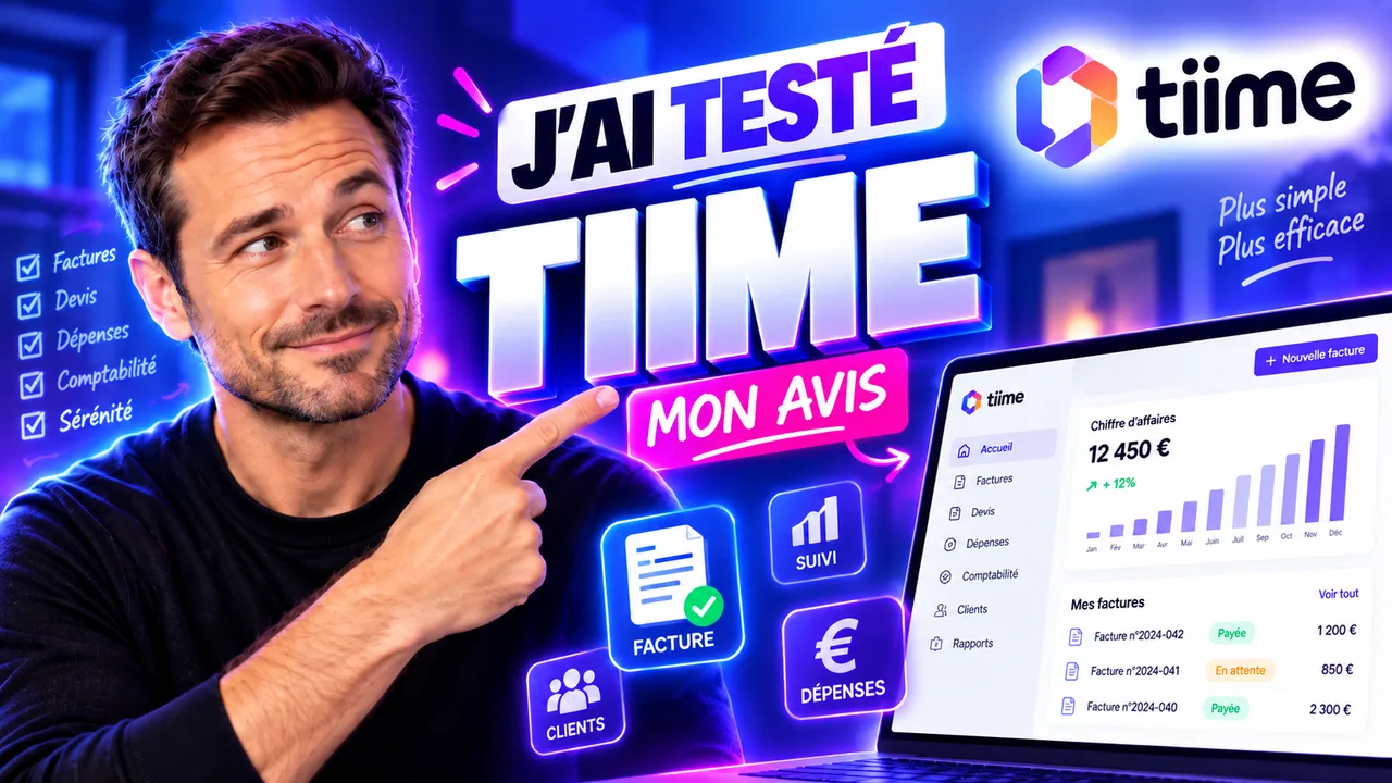 Miniature de l’avis Tiime : « J’ai testé Tiime, mon avis », avec le tableau de bord Tiime affiché sur un ordinateur portable — chiffre d’affaires 12 450 € en hausse de 12 %, factures payées et en attente — et la liste du test : factures, devis, dépenses, comptabilité, sérénité.