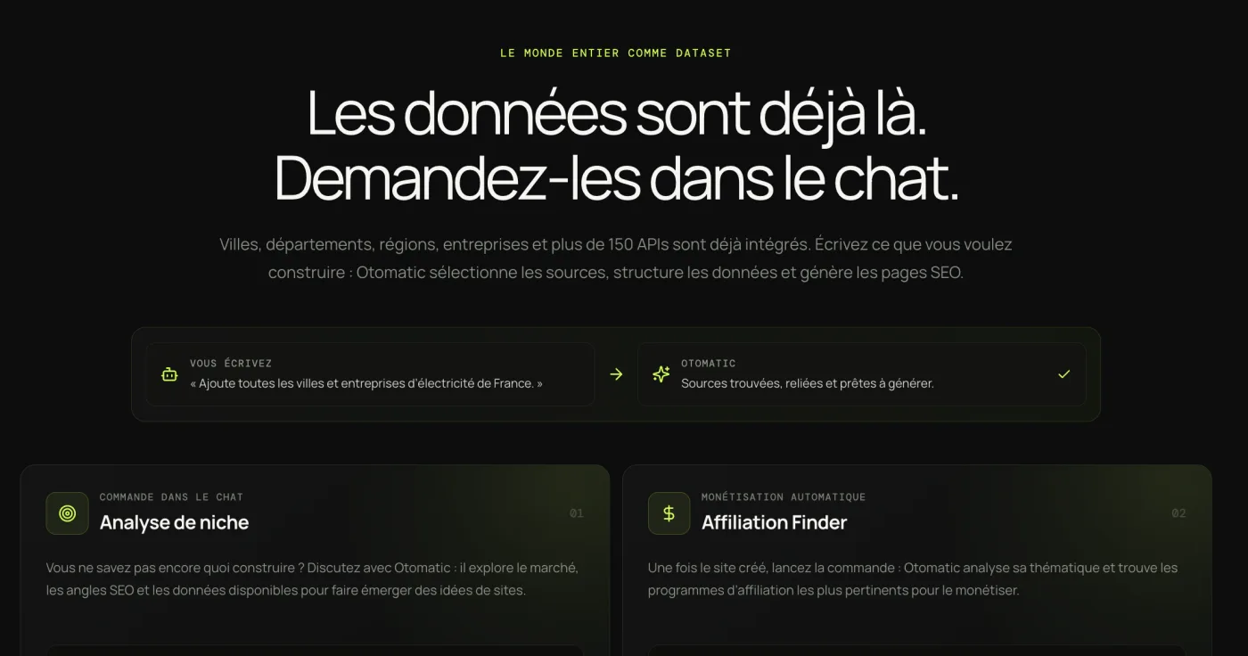Otomatic : « Les données sont déjà là, demandez-les dans le chat » — villes, départements, régions, entreprises et plus de 150 APIs intégrés.