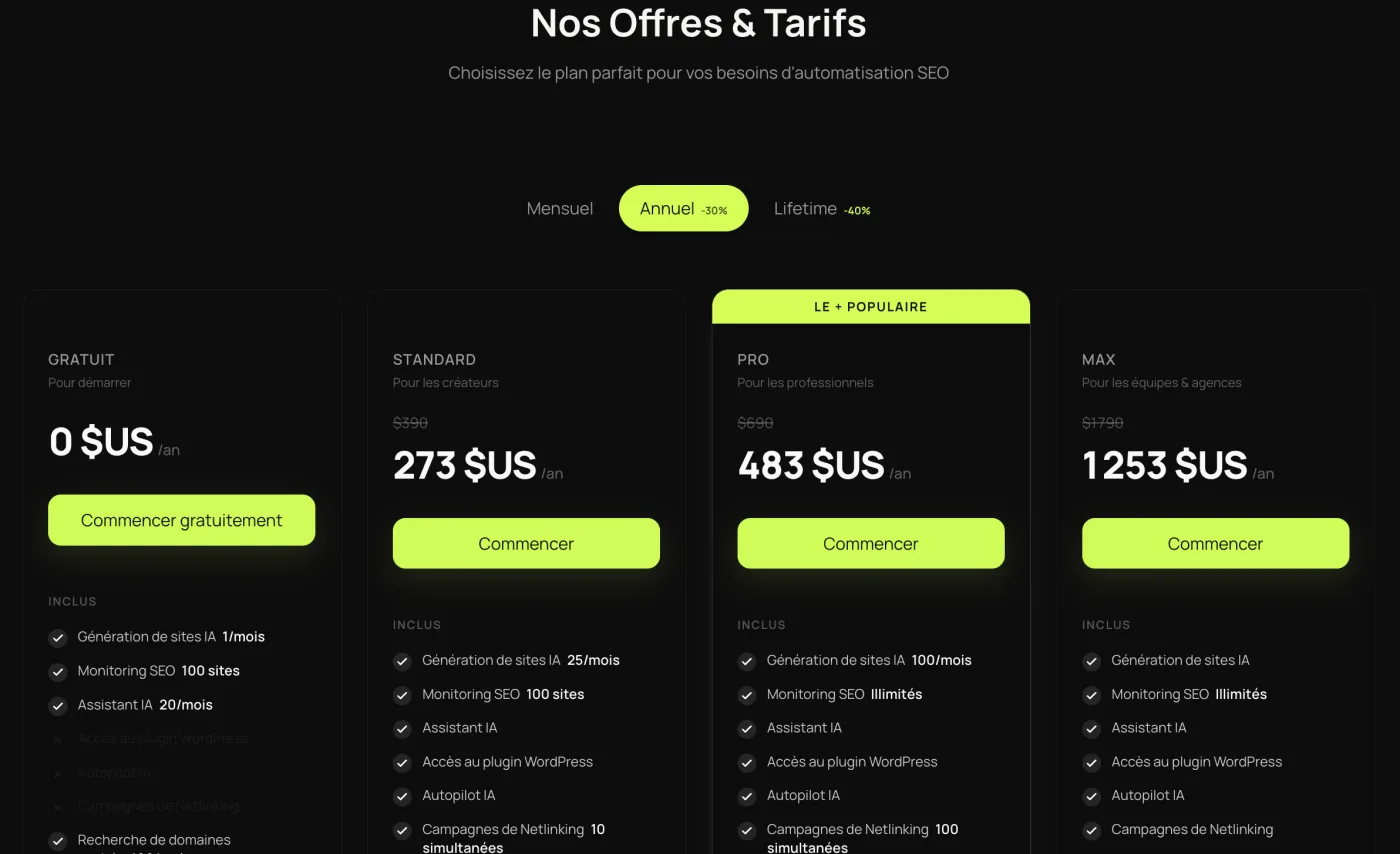 Otomatic en facturation annuelle : Standard 273 $US/an au lieu de 390, Pro 483 $US/an, Max 1 253 $US/an, soit -30 %.