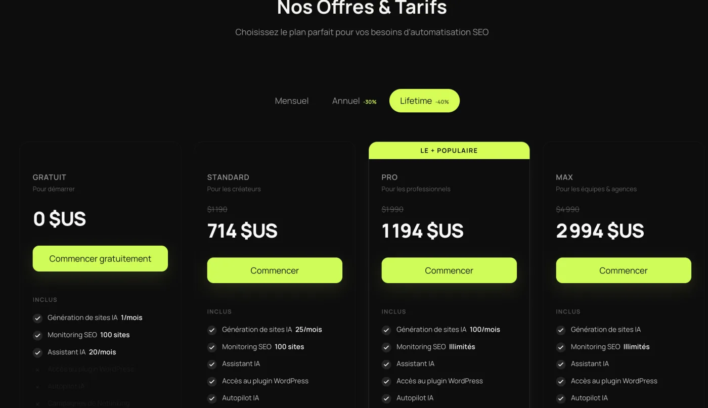Otomatic en licence lifetime : Standard 714 $US, Pro 1 194 $US, Max 2 994 $US, avec le détail des fonctionnalités incluses.