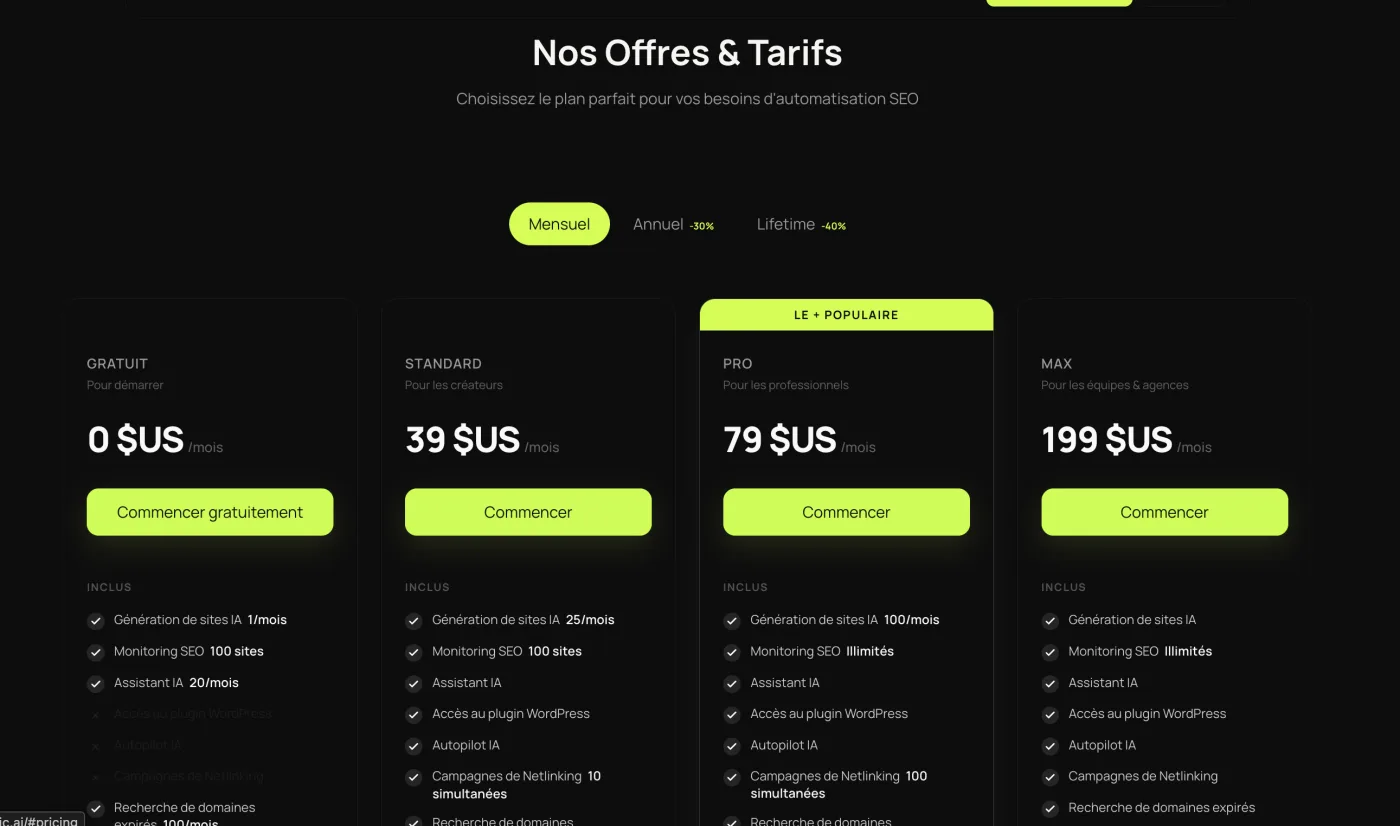 Grille tarifaire Otomatic en mensuel : Gratuit 0 $US, Standard 39 $US, Pro 79 $US, Max 199 $US, avec -30 % en annuel et -40 % en lifetime.