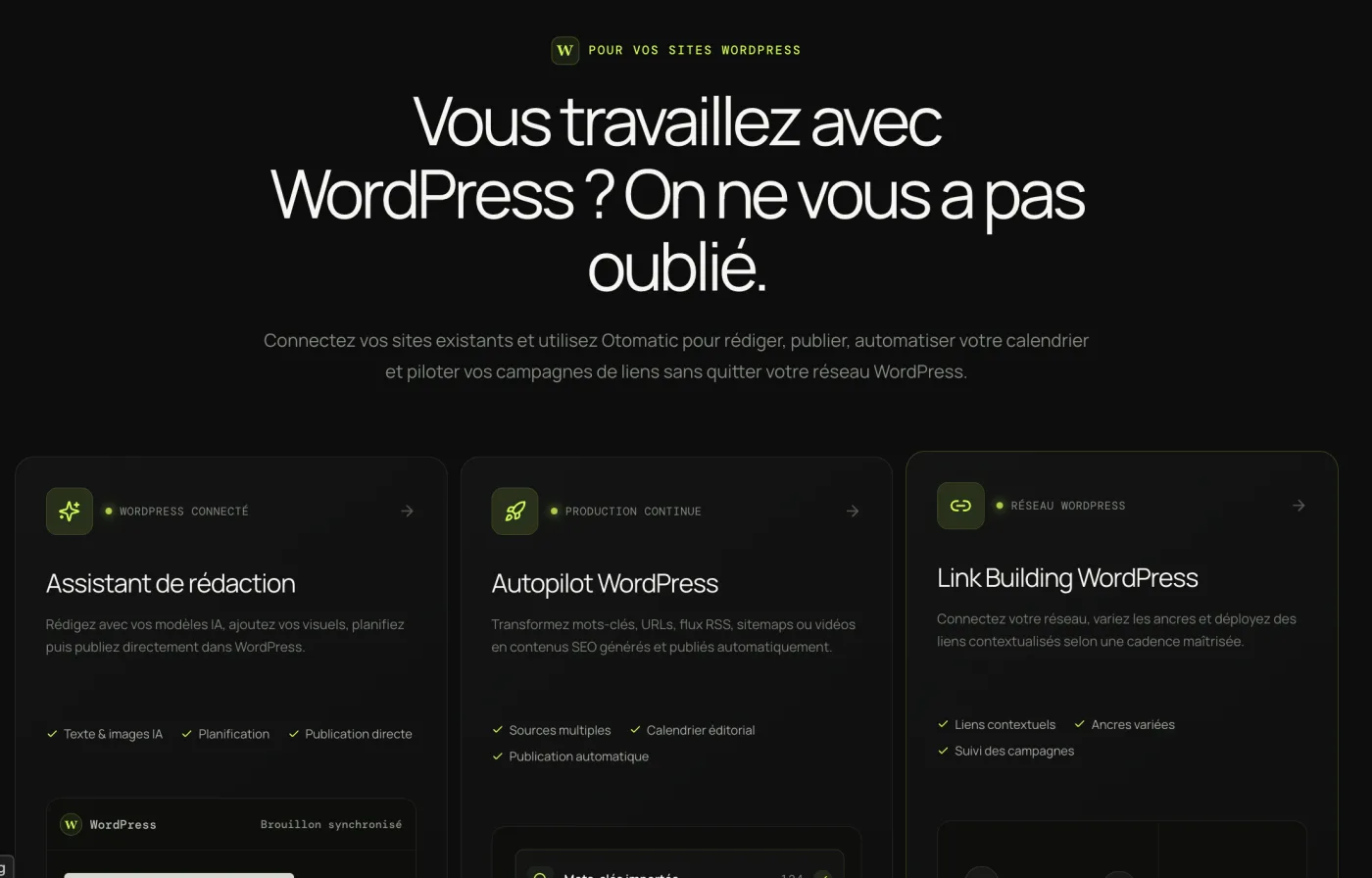 Otomatic pour WordPress : assistant de rédaction, Autopilot WordPress et Link Building WordPress.