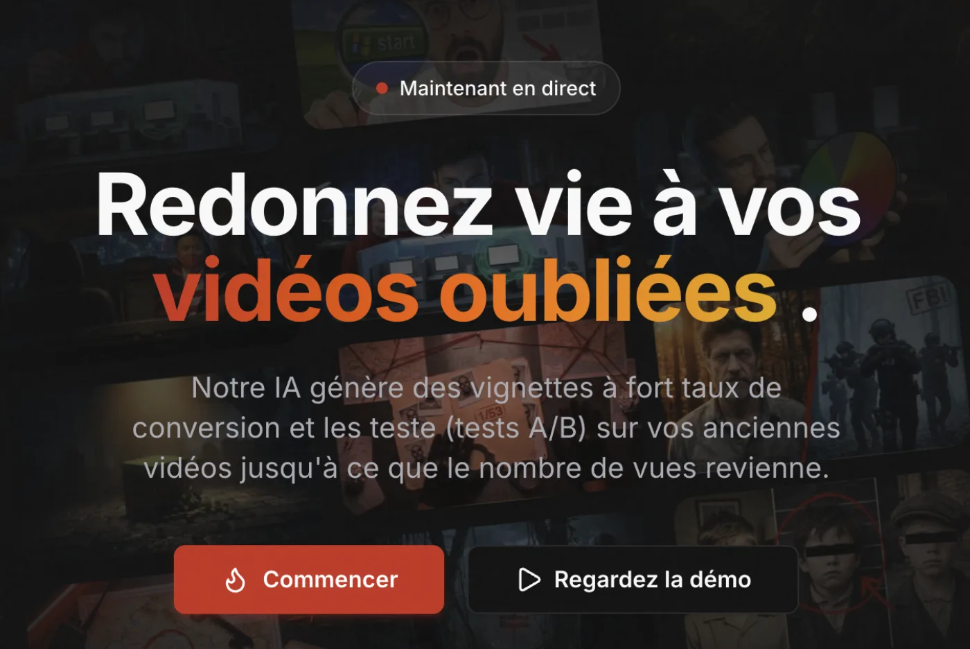 Page d’accueil de Reflare.io : « Redonnez vie à vos vidéos oubliées », l’IA génère des vignettes à fort taux de conversion et les teste en A/B.