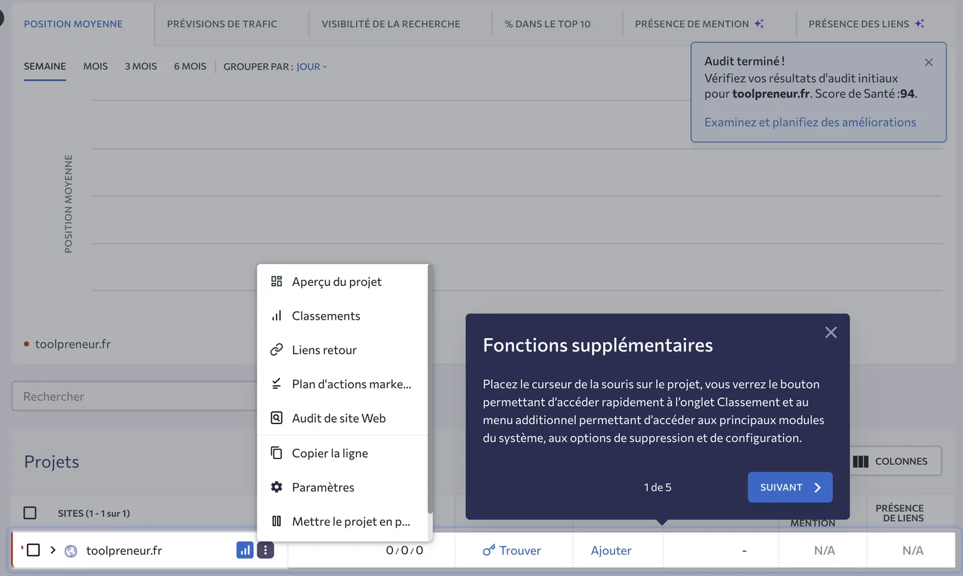Interface SE Ranking avec le projet toolpreneur.fr créé, notification « Audit terminé, score de santé 94 » et menu contextuel du projet.