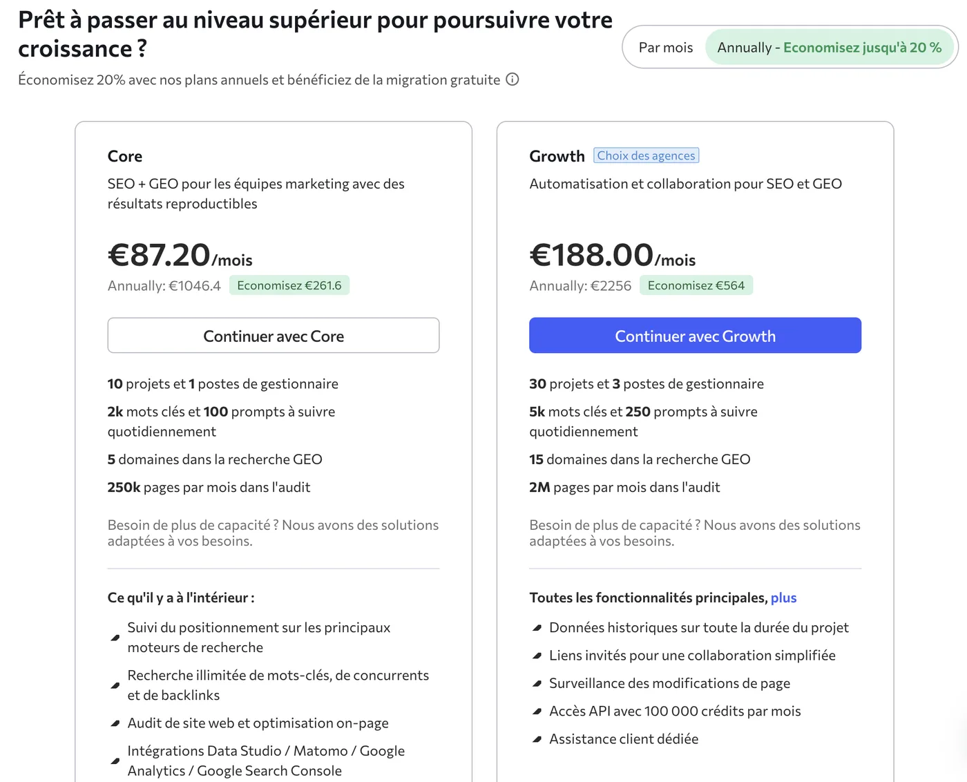 Grille SE Ranking relevée le 7 septembre 2026 : plan Core à 87,20 €/mois (1 046,40 €/an) et plan Growth à 188 €/mois (2 256 €/an), en facturation annuelle avec 20 % de remise.