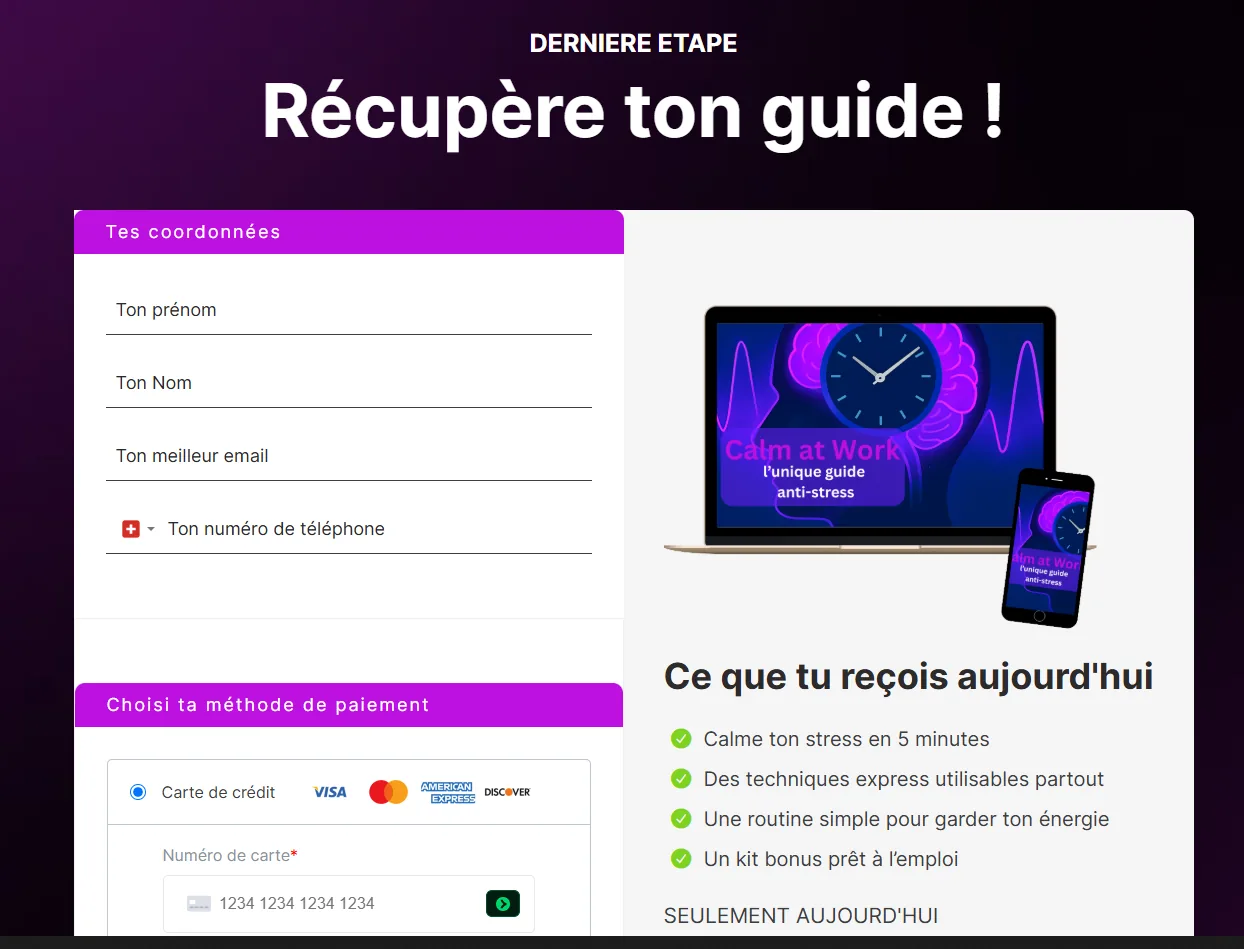 Bon de commande systeme.io : formulaire « Tes coordonnées » avec prénom, nom, email et téléphone, puis choix de la méthode de paiement entre carte bancaire (Visa, Mastercard, American Express, Discover) et PayPal, à côté d’un récapitulatif de l’offre.