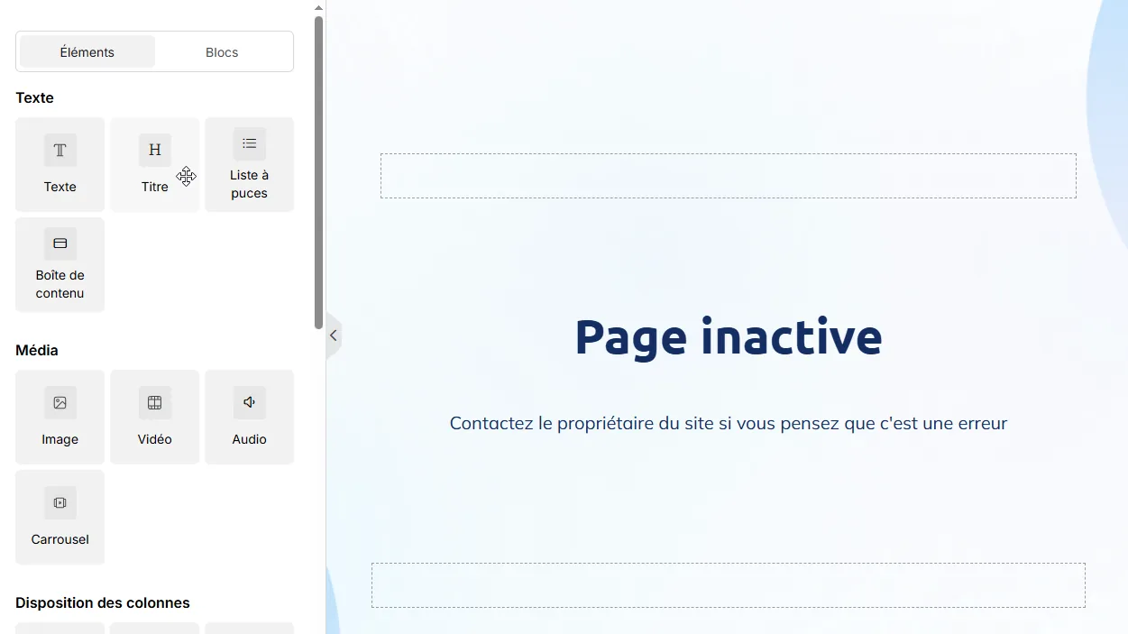 Éditeur de page de systeme.io : barre latérale listant les éléments disponibles — Texte, Titre, Liste à puces, Boîte de contenu, Image, Vidéo, Audio, Carrousel — et zone d’édition centrale affichant une page vierge.