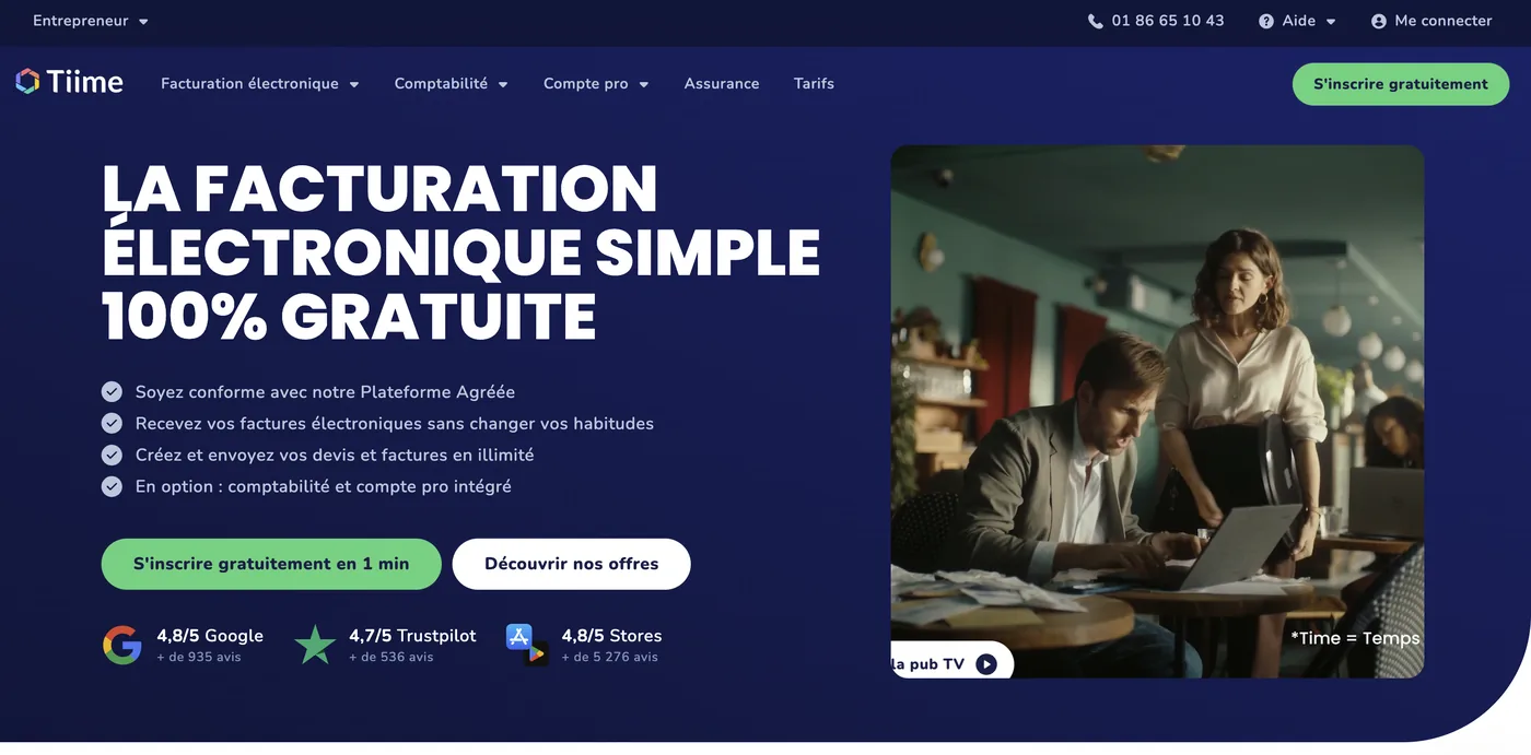 Page d’accueil de Tiime : « La facturation électronique simple 100 % gratuite », avec Plateforme Agréée, réception des factures électroniques, devis et factures illimités, et les notes affichées 4,8/5 Google sur plus de 935 avis, 4,7/5 Trustpilot sur plus de 536 avis, 4,8/5 sur les stores sur plus de 5 276 avis.