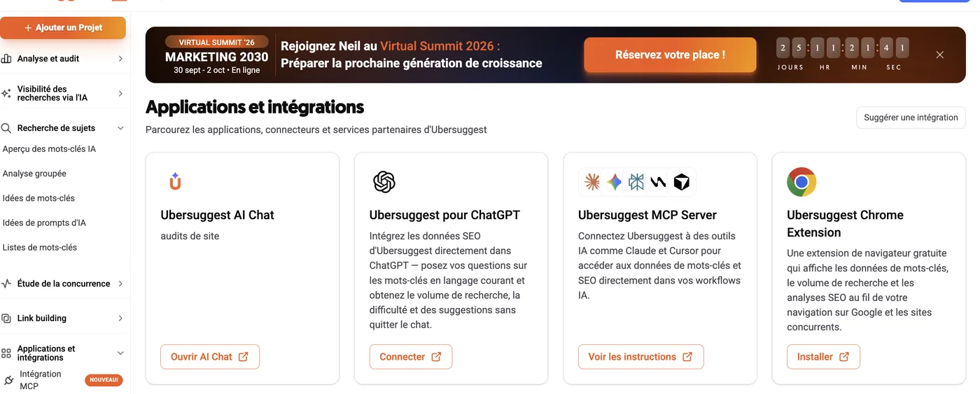 Page « Applications et intégrations » d’Ubersuggest connectée : AI Chat, connecteur ChatGPT, serveur MCP et extension Chrome, avec un bandeau promotionnel à compte à rebours.