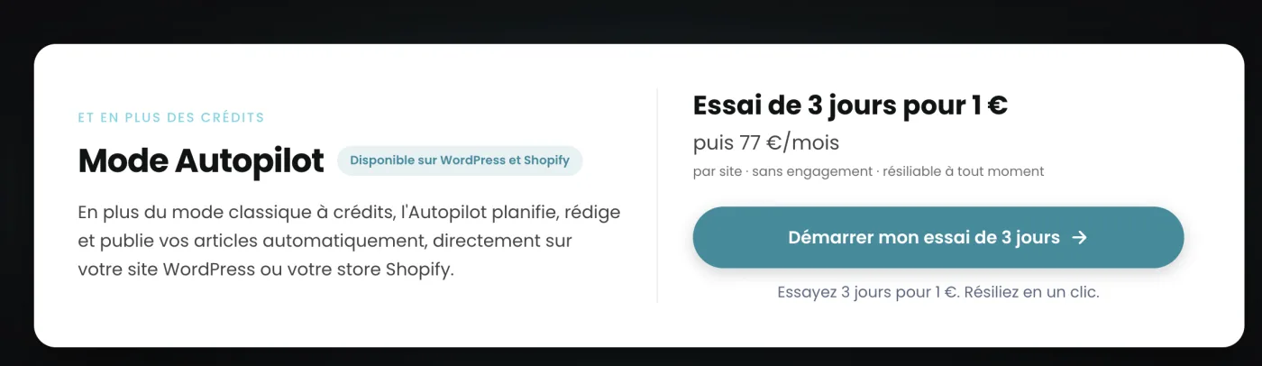 Wisewand mode Autopilot : disponible sur WordPress et Shopify, essai 3 jours pour 1 € puis 77 €/mois par site.