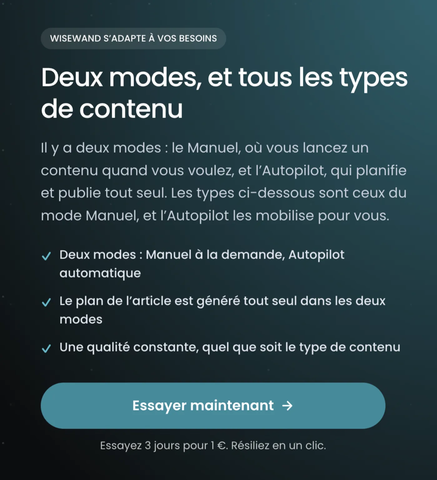 Wisewand : deux modes, Manuel à la demande et Autopilot automatique, avec plan d’article généré dans les deux cas.