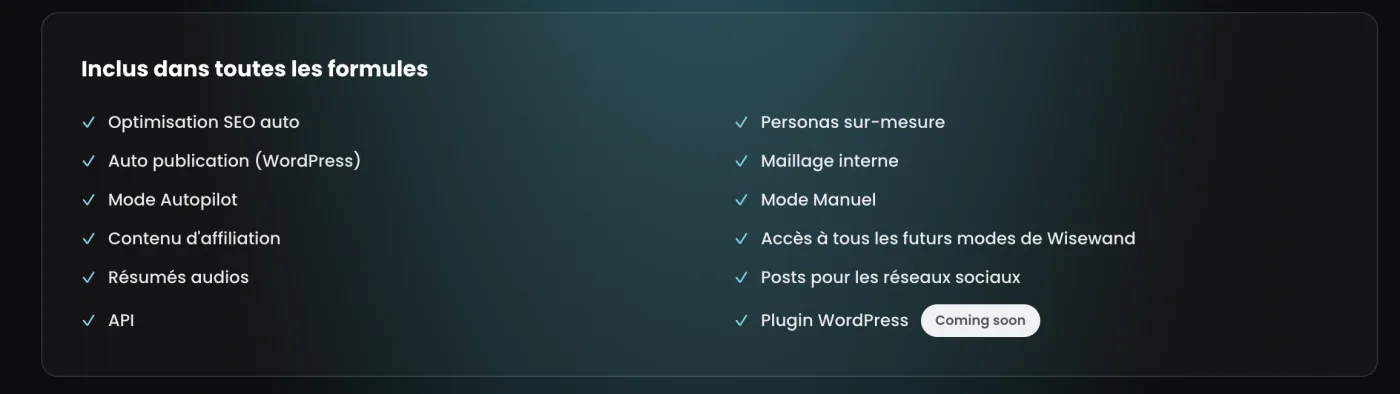 Liste des fonctionnalités incluses dans toutes les formules Wisewand : optimisation SEO auto, auto publication WordPress, maillage interne, personas, API.