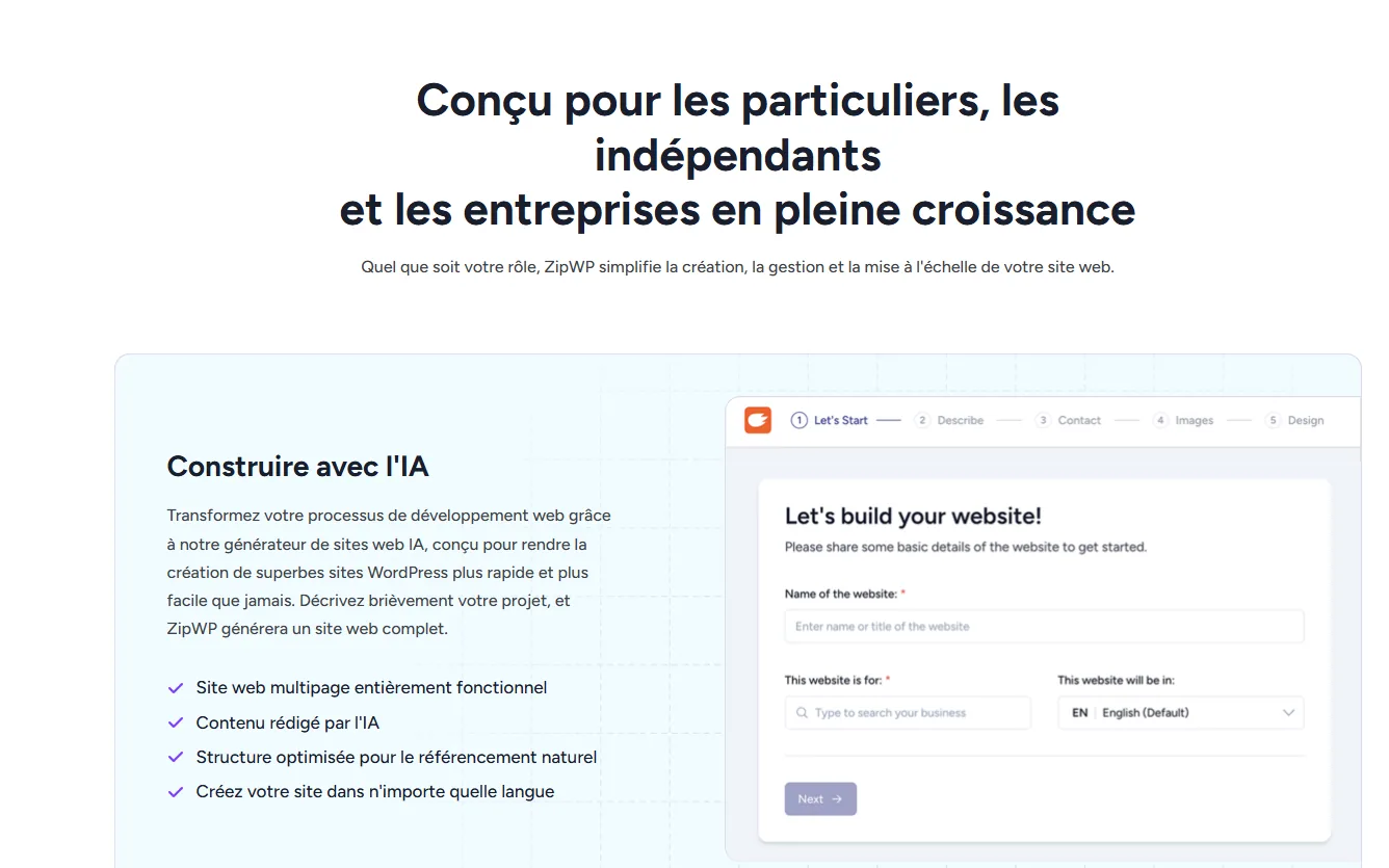 Page de présentation ZipWP en français, section « Construire avec l’IA », à côté du formulaire de génération en anglais en 5 étapes (Let’s Start, Describe, Contact, Images, Design) : champ « Name of the website », champ « This website is for » et sélecteur de langue « This website will be in : EN English (Default) ».